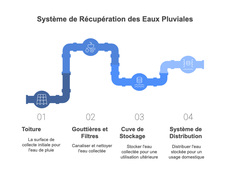Schéma technique simplifié d’un système de récupération d’eau de pluie sur un immeuble collectif