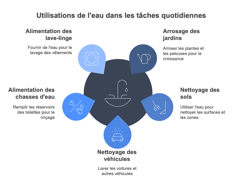Pictogrammes des différents usages de l’eau de pluie (arrosage, toilettes, lavage, etc.)